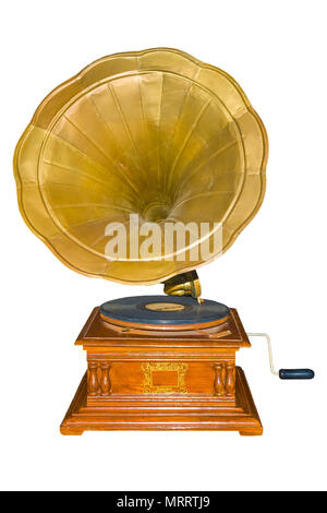 Vintage Gramophone: Alte retro Gramophone isoliert weißer Hintergrund mit Freistellungspfaden. Stockfoto