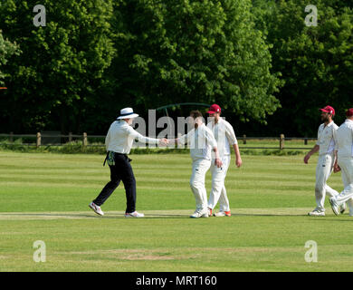 Dorf Kricket auf Wellesbourne, Warwickshire, England, UK. Spieler die Hände schütteln mit einem Schiedsrichter nach dem Spiel. Stockfoto