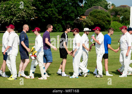 Dorf Kricket auf Wellesbourne, Warwickshire, England, UK. Spieler schütteln die Hände nach dem Spiel. Stockfoto