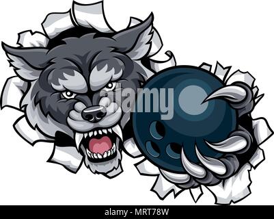 Wolf Bowling Maskottchen brechen Hintergrund Stock Vektor