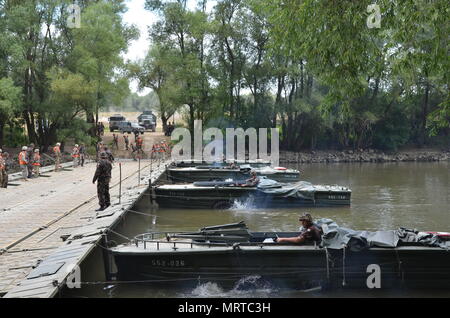 Die PMP-Schwimmbrücke ist ein modulares Pontonüberbrückungssystem sowjetischer Bauart, das für militärische Flussüberquerungen verwendet wird. Am 4. Juli in Gyor, Ungarn, legten Elemente des 837. Ingenieur-Bataillons der Ohio National Guard und des 37. Ingenieur-Regiments die Brücke über die Donau während der Szentes-Axe-Übung unter Saber Guardian ein. Das Archivbild dokumentiert die taktische Brückenprobe, die von RPP M68 Schleppern unterstützt wird. Stockfoto