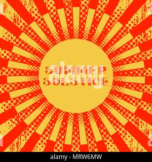 Konzept Sommersonnenwende. Pop Art Stil. Stilisierte Sonne und Strahlen. Rot und Gelb. Schriftzug. 21. Juni Stock Vektor