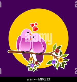 Blumen Rahmen mit zwei leidenschaftliche Vögel auf einem Ast. Vector Illustration. Stock Vektor