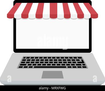 Web Online Store. Laptop mit Markise. Laptop online Retail Vorlage. Vector Illustration Stock Vektor