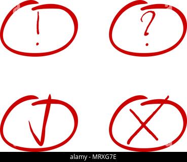 Markieren Sie eine rote Markierung. Tick und Kreuz, Ausrufezeichen und frage Symbol. Kreuz, prüfen, tick Skizze, Hand gezeichneten Fragezeichen und Ausrufezeichen. Vektor Stock Vektor
