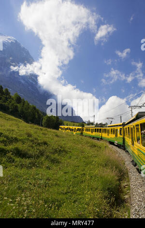 Die Wengernalpbahn bei Alpiglen, mit dem Eiger im Hintergrund, Berner Oberland, Schweiz Stockfoto