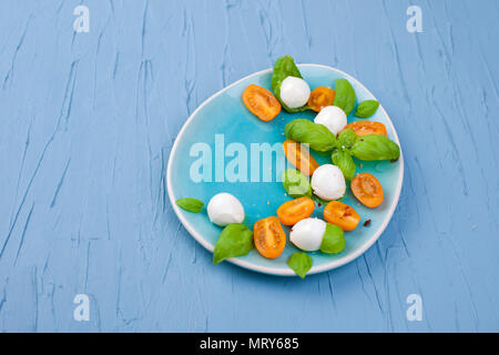 Köstliche Caprese Salat mit reifen Tomaten und Mozzarella mit frischem Basilikum. Italienisches Essen. Stockfoto