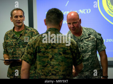 U.S. Army Command Sgt. Maj. David Nunn, NATO-Hauptquartier Sarajevo's Senior Leader angeworben, schüttelt Hände mit Absolventen der Peace Support Operations personal Unteroffizier Kurs am 14. Juli 2017 in Camp Butmir Bosnien und Herzegowina. (U.S. Air Force Foto von Tech. Sgt. Jeremy Bowcock) Stockfoto