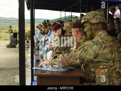 CINCU, Rumänien - Verehrte Besucher die kombinierte Waffen live fire Übung während der Distinguished Tag Besucher für Getica Sabre, 15. Juli 2017 ansehen. Getica Sabre 17 ist eine von den USA geführte Fire Support Koordination und kombinierte Waffen live fire Übung umfasst sechs Verbündete und Partner Nationen mit mehr als 4.000 Soldaten. Getica Sabre 17 läuft gleichzeitig mit Säbel Guardian 17, ein US-European Command, U.S. Army Europe-led, multinationale Übung, erstreckt sich über Bulgarien, Rumänien und Ungarn, mit mehr als 25.000 service Mitglieder aus 22 NATO-Mitglieder und der Partnerstaaten. Stockfoto