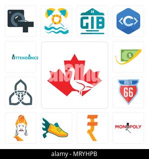 Satz von 13 Einfache editierbare Ikonen wie Kanada Gans, Monopoly, rupee, fliegende Schuh, Ashoka, Route 66, triquetra, Cashback, Teilnahme kann verwendet werden für Stock Vektor