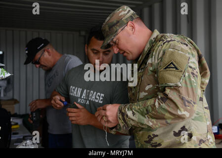 Alejandro Munoz (links), mit der Schulung Support Team (TST) Valcea, Expeditionary Training Support Division, Schulung Support Activity Europa, und Sgt. 1. Klasse Steven Dubois (rechts), zu Joint Multinational Readiness Center zugeordnet, 7. Armee den Befehl, Prüfung ein Stück mehrere integrierte Laser Einkupplungssystem (Meilen) Gang, in Ramnicu Valcea, Rumänien, 16. Juli 2017. TST Valcea bietet Meilen Geräte an die verschiedenen NATO-Nationen, die in der simulierten Kontakt wird während einer nassen Spalt Überfahrt über die olt River teilnehmen, als Teil der Übung Sabre Guardian. Sabre Guardian ist eine multinationale Stockfoto