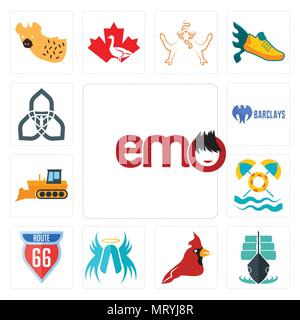 Satz von 13 Einfache editierbare Ikonen wie Emo, Tall Ship, Cardinal Bird, Erzengel, Route 66, Pool Party, Planierschild, Barclays Bank, triquetra können verwendet Fo. Stock Vektor