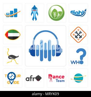 Satz von 13 Einfache editierbare Ikonen wie audio-visuelle, import export, dance Team, Afro, Tour Guide, der, Strauß, Arbeiterklasse, die Vereinigten Arabischen Emirate Flagge f verwendet werden kann. Stock Vektor