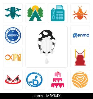 Satz von 13 Einfache editierbare Symbole wie Milch, Golden Rose, Kuchen, Behindertengerecht, checke Flagge, Teppich, alpha, venmo, Reisepass Stempel werden können Stock Vektor