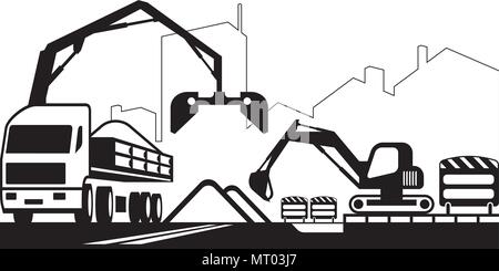 Lkw-Kran und Bagger Reparatur eine Straße - Vector Illustration Stock Vektor