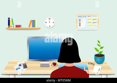 Die Frau sitzt an einem Schreibtisch im Büro und hat eine leere PC-Monitor vor ihr Stock Vektor