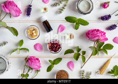 Flaschen des wesentlichen Öls mit Rosen, Pfefferminze, Lavendel und anderen Kräutern und Blumen auf weißem Hintergrund Stockfoto