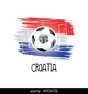 Hand geschriebene Wort "Kroatien" mit Fußball, Fußballplatz und abstrakte Farben der kroatischen Flagge. Vector Illustration. Stock Vektor