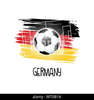 Hand geschriebene Wort "Deutschland" mit Fußball, Fußballplatz und abstrakte Farben der deutschen Flagge. Vector Illustration. Stock Vektor