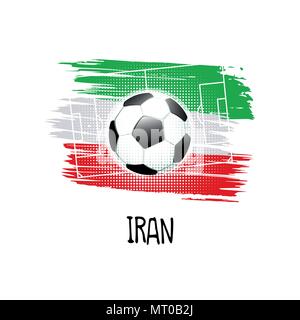 Hand geschriebene Wort "Iran" mit Fußball, Fußballplatz und abstrakte Farben der Iranischen Flagge. Vector Illustration. Stock Vektor