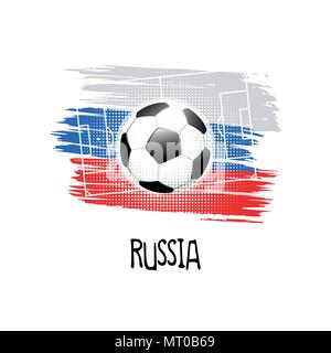 Hand geschriebene Wort "Rußland" mit Fußball, Fußballplatz und abstrakte Farben der russischen Flagge. Vector Illustration. Stock Vektor
