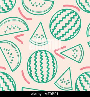 Grüne Umrandung Wassermelone und rote Linie random auf weißem Hintergrund. Nahtlose Muster Hintergrund Design für Sommersaison oder Obst in Vector Illustration Stock Vektor