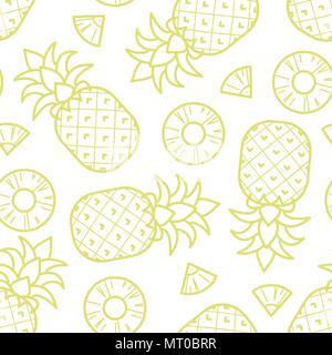 Gelbe Kontur Ananas random auf weißem Hintergrund. Nahtlose Muster Hintergrund Design für Sommersaison oder Obst in Vector Illustration. Stock Vektor