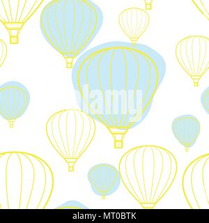 Gelbe Kontur Ballon mit blauen Ebene random auf weißem Hintergrund. Nahtlose Muster Hintergrund Design für Sommersaison oder Urlaub in Vektor illustra Stock Vektor