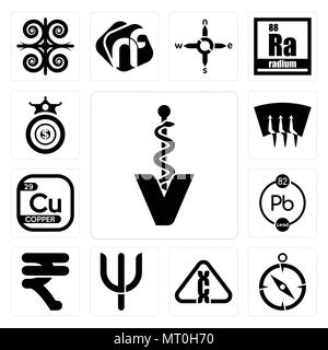 Satz von 13 Einfache editierbare Ikonen wie Veterinär Caduceus, compas, Karzinogen, Psi, Rubine, chemische, Kupfer, Defroster, oligarchie können für mob verwendet werden. Stock Vektor