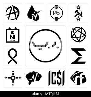 Satz von 13 Einfache editierbare Symbole wie Bahrain Währung, NF,, Epilepsie, n s e w, Sigma, Bauchspeicheldrüsenkrebs, Devil, Nickel kann für mobile, w verwendet werden Stock Vektor