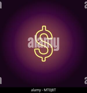 Neon-Symbol der gelben Dollar. Vector Abbildung: gelb Neon Dollars bestehend aus Neon skizziert, mit Hintergrundbeleuchtung auf dem dunklen Hintergrund Stock Vektor