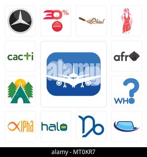 Satz von 13 Einfache editierbare Ikonen wie Flugzeug, Auto Glas, Steinbock, Halo, alpha, Campingplatz, Afro, Kakteen für mobile verwendet werden können, Web-UI Stock Vektor