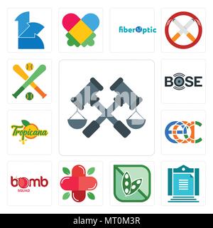 Satz von 13 Einfache editierbare Ikonen wie Justiz, aturan, Soja frei, Apotheke, Bomb Squad, eac, Tropicana, Bose, fantasy Baseball können für mobil verwendet werden. Stock Vektor