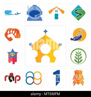 Satz von 13 Einfache editierbare Symbole wie die königliche Familie, orange Lion, alles in einem, 88, Rap, Farn, Superstar, Rasenmäher, Lion paw für mobile verwendet werden, Stock Vektor