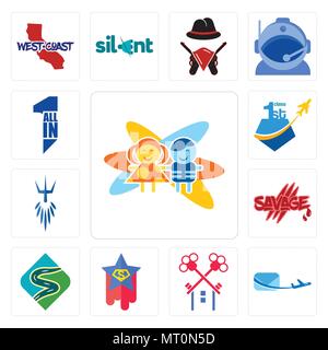 Satz von 13 Einfache editierbare Symbole wie Kinderbetreuung, Air Mail,, Superstar, kurvenreiche Straße, Savage, Poseidon, all-in-one für mobile verwendet werden, die Web-UI Stock Vektor