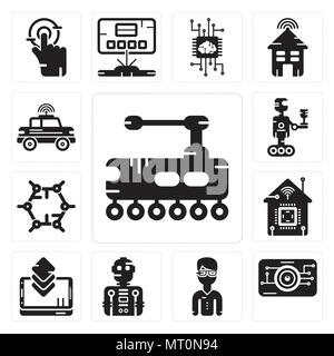 Satz von 13 Einfache editierbare Ikonen wie Tank, Auge scannen, Google Gläser, Roboter, Smartphone, Smart Home, Graphen, Auto für mobile verwendet werden können, Web-UI Stock Vektor