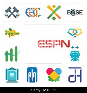 Satz von 13 Einfache editierbare Symbole wie ESPN, Dth, Autismus, Ain, aturan, bärtigen Fischer, kontinuierliche Verbesserung, Schmuck, Tropicana kann verwendet werden für Stock Vektor