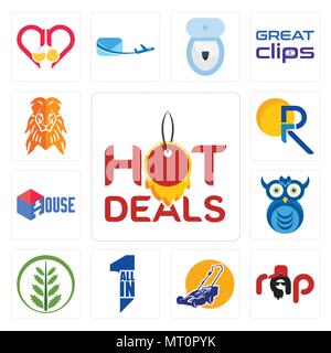 Satz von 13 Einfache editierbare Ikonen wie Hot Deals, Rap, Rasenmäher, all in one, Farn, Eule, Firma, Haus, pr, orange Lion kann für mobile, Web verwendet werden. Stock Vektor