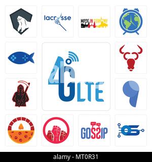 Satz von 13 Einfache editierbare Ikonen wie 4G LTE, Betriebssystem, Klatsch, soziale Gerechtigkeit, Steinofen Pizza, Komma, Sensenmann, Cattle Company, Fishin Stock Vektor
