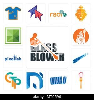 Satz von 13 Einfache editierbare Ikonen wie Glasbläser, resturent, tiket, na, Gtp, Wanderfalken, pixellab, Shiv, Platz für mobile verwendet werden, Web Stock Vektor