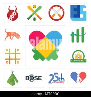 Satz von 13 Einfache editierbare Symbole wie Autismus, Frauenarzt, 25-jähriges Jubiläum, Bose, teepee, Universität, Tic Tac Toe, kontinuierliche Verbesserung, bloodho Stock Vektor