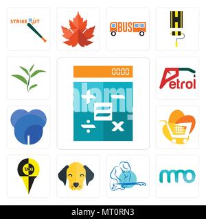 Satz von 13 Einfache editierbare Ikonen wie Taschenrechner, 3 schreiben, s Musik, Hund, Katze, Dent, Benzin, Tea Leaf für mobile verwendet werden, die Web-UI Stock Vektor