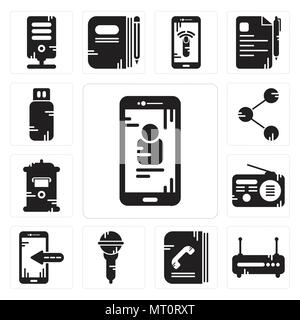 Satz von 13 Einfache editierbare Ikonen wie Smartphone, Router, Telefonbuch, Mikrofon, Radio, Mailbox, Anteil, Pendrive für mobile verwendet werden, die Web-UI Stock Vektor