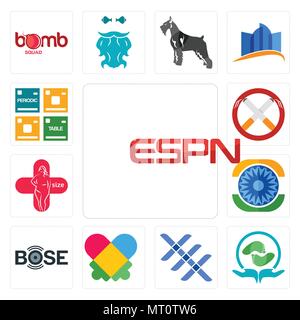 Satz von 13 Einfache editierbare Symbole wie ESPN, Akupressur, Triple X, Autismus, Bose, Ashok Chakra, Übergrößen, Nichtraucher, periodische Tabelle können Fo. Stock Vektor