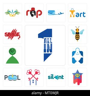 Satz von 13 Einfache editierbare Ikonen wie all in one, Superstar, ruhig, Pool-Gesellschaft, Angeln, muslimische Halbmond, Hornet, Savage kann verwendet werden für Stock Vektor