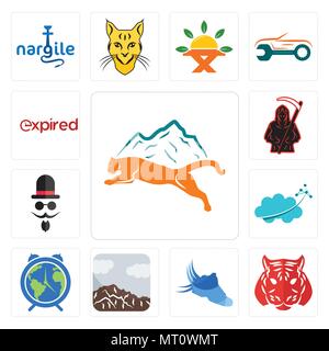Satz von 13 Einfache editierbare Ikonen wie Mountain Lion, Tiger, Schuhe mit Flügeln, Sierra, Earth Hour, das Nervensystem, Mister, Sensenmann, expi kann u Stock Vektor