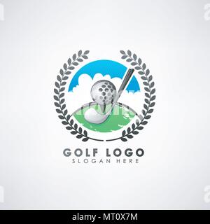 Golf Konzept logo Schablone mit Lorbeerkranz. Etikett für Golfturniere, Organisation, und Country Clubs. Vector Illustration Stock Vektor