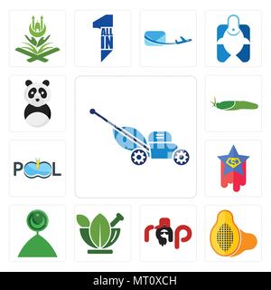 Satz von 13 Einfache editierbare Ikonen wie Rasenmäher, Papaya, Rap, ayurvedische, muslimische Halbmond, Superstar, pool-Gesellschaft, Slug, panda Maskottchen kann für Mo verwendet werden. Stock Vektor