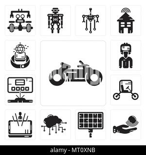 Satz von 13 Einfache editierbare Ikonen wie Motorrad, Telekinese, Solar Panel, Cloud Computing, Hologramm, Fahrzeug, Augmented Reality, erobert werden kann Stock Vektor