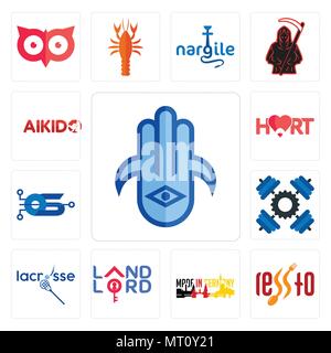 Satz von 13 Einfache editierbare Ikonen wie Hamsa, in Deutschland, Vermieter, lacrosse, Betriebssystem, hart, Aikido kann für mobile verwendet werden, die Web-UI Stock Vektor